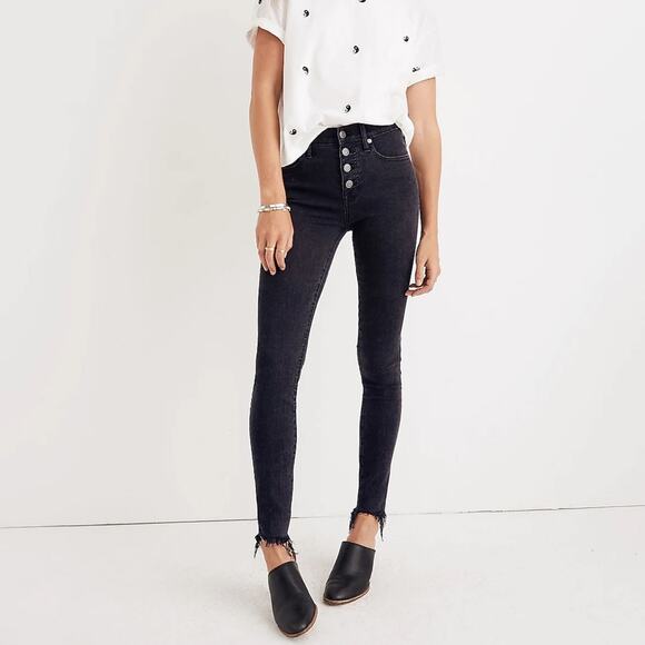 Madewell 9” High Rise Exposed Button Fly Skinny Black Raw Hem Jeans Size 24 - Picture 1 of 10